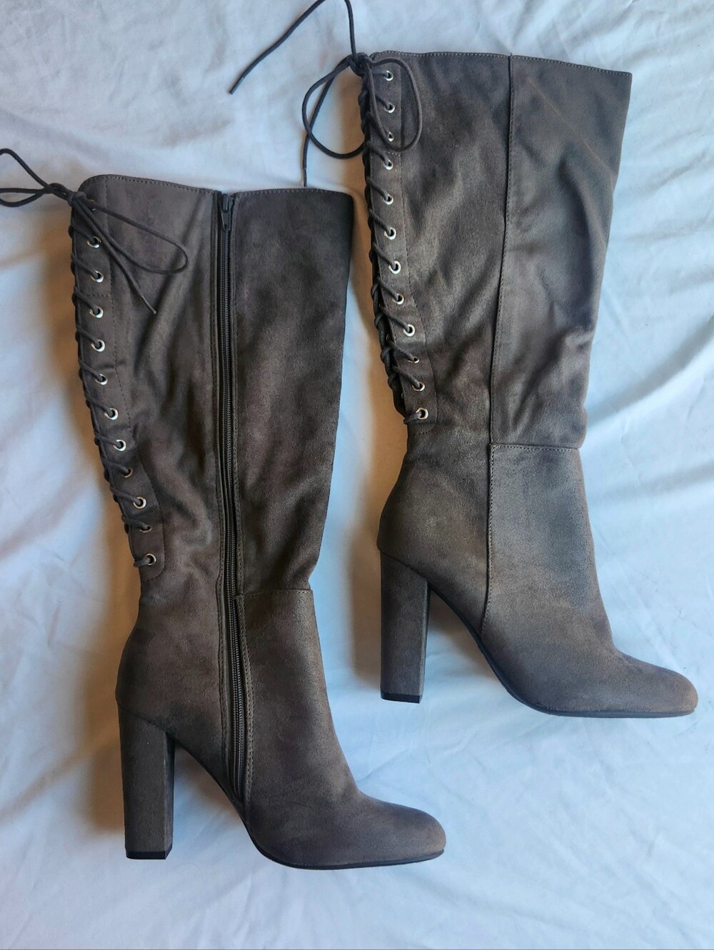 Tall Suede Look Brown Lace-Back High Heel Knee High Boot, 7.5
